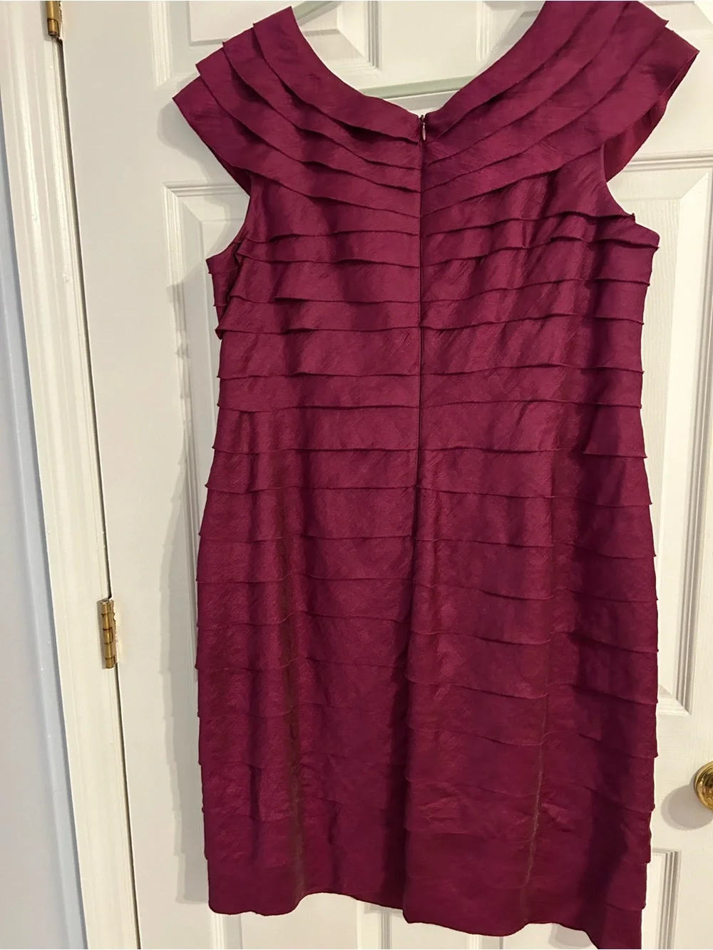 London Times Wine/Purple Layered Sheath Dress with Decorative Brooch - Picture 5 of 6